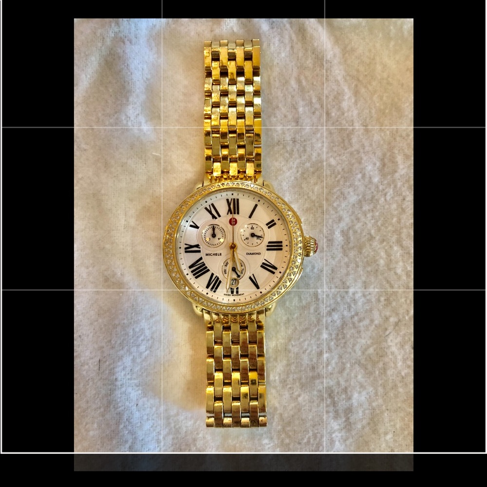 Authentic Michele gold plated & diamond watch